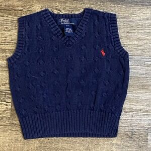 Vintage 90s POLO‎ Ralph Lauren Cable Sweater Vest Boy's Size 2T Navy Blue Cotton